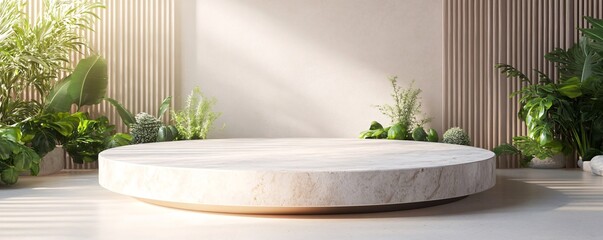 Leinwandbilder - Empty round marble podium in sunlit room with plants displaying products