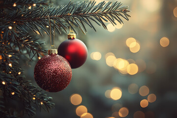 Poster - Red ornaments hang from a Christmas tree branch, surrounded by twinkling lights in a cozy winter atmosphere