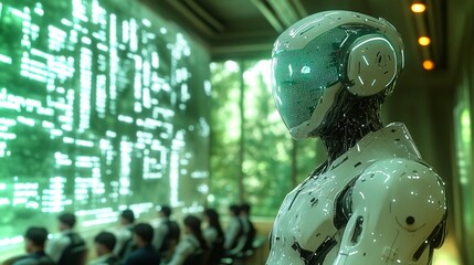 Poster - An android conducts a language lesson in a futuristic classroom surrounded by students