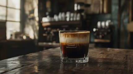 Aufkleber - A high-resolution view of a glass of rich espresso with a perfect layer of crema on top, set against a rustic background. Cinematic Scene, 4k resolution, cinematic scene