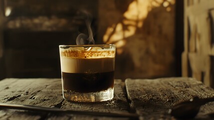 Aufkleber - A high-resolution view of a glass of rich espresso with a perfect layer of crema on top, set against a rustic background. Cinematic Scene, 4k resolution, cinematic scene