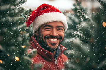 Poster - A cheerful man dressed in a Santa hat stands amidst evergreen trees while snow falls gently around him during the festive season