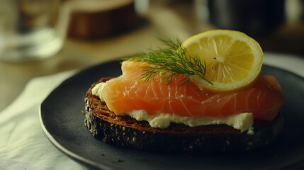 Poster - A close-up of a Scandinavian open-faced sandwich with smoked salmon, dill, and a slice of lemon on a slice of dark rye bread. Cinematic Scene, 4k resolution, cinematic scene
