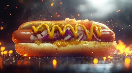 Poster - A detailed image of a freshly grilled hot dog topped with mustard, relish, and onions, placed in a soft, golden bun. Cinematic Scene, 4k resolution, cinematic scene