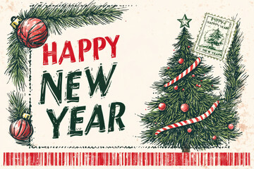 Poster - A vibrant New Year greeting showcases a beautifully adorned tree with colorful ornaments and a cheerful message celebrating the holiday