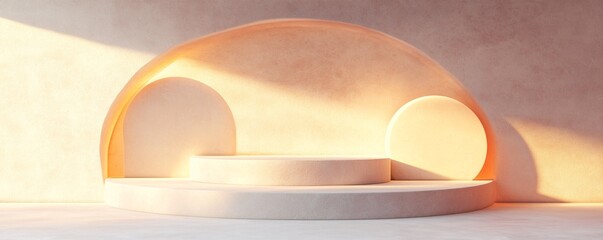 Poster - Warm minimalist product display podium illuminating empty space