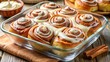 © VisualVault - Freshly baked cinnamon rolls with sweet icing and a hint of cinnamon in a clear glass baking dish