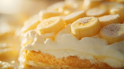 Poster - A close-up of a traditional Southern banana pudding with layers of vanilla wafers, creamy pudding, and sliced bananas. Cinematic Scene, 4k resolution, cinematic scene