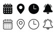 © Charles stockio - set of Place, Time, Date and Notification line icons. Calendar, address location pointer and alarm bell. Notice alert, business schedule and office time clock. Location place, date reminder. Vector.