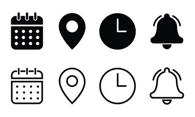 Poster - set of Place, Time, Date and Notification line icons. Calendar, address location pointer and alarm bell. Notice alert, business schedule and office time clock. Location place, date reminder. Vector.