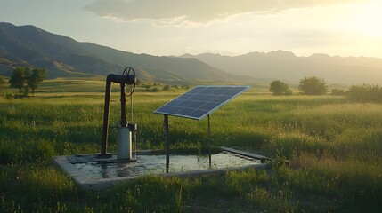 Poster - A solar-powered water pump in a rural area with green fields and mountains, emphasizing sustainable agricultural practices. Cinematic Scene, 4k resolution, cinematic scene