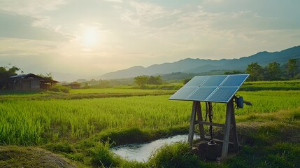 Poster - A solar-powered water pump in a rural area with green fields and mountains, emphasizing sustainable agricultural practices. Cinematic Scene, 4k resolution, cinematic scene