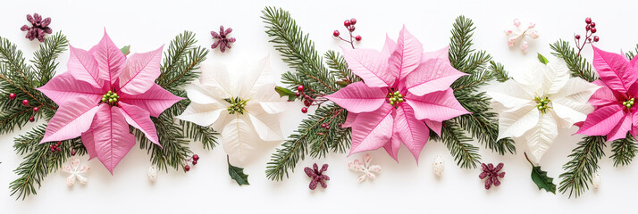 Poster - A vibrant arrangement of pink and white poinsettias is adorned with lush greenery for a winter holiday decoration
