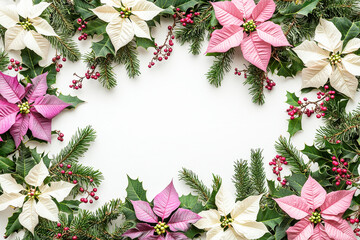 Wall Mural - Colorful poinsettias in pink and white surrounded by greenery and berries create a festive holiday display perfect for decorations