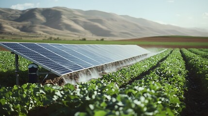 Poster - A solar-powered irrigation system in a remote agricultural field, showing alternative energy use in farming. Cinematic Scene, 4k resolution, cinematic scene