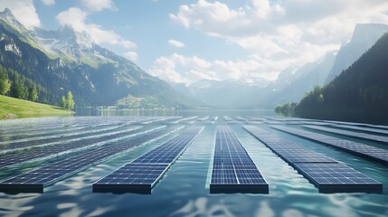 Poster - An expansive view of a lake with floating solar panels, blending water conservation with renewable energy innovation. Cinematic Scene, 4k resolution, cinematic scene