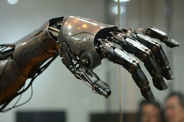 Poster - Robotic mechanical arm hand is reaching out, showcasing advanced technology and engineering