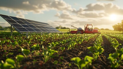 Poster - A farm with solar-powered equipment, showcasing the integration of technology and agriculture in sustainable practices. Cinematic Scene, 4k resolution, cinematic scene