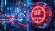 © Endin - Futuristic digital display with red glowing numbers 22 in a cyberpunk city.