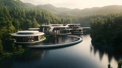 Wall Mural - A hyper-modern estate with hovering architectural elements, perfectly symmetrical and overlooking a serene lake surrounded by forests. No text, no logo, wide angle shot, Cinematic Scene, 4k