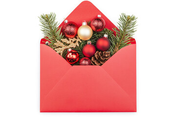 Poster - A vibrant red envelope brimming with colorful ornaments, pine branches, and festive accents, perfect for celebrating Christmas