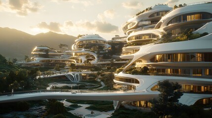 Poster - An advanced real estate complex with buildings that curve organically into the landscape, reflecting a balance between technology and nature. No text, no logo, wide angle shot, Cinematic Scene, 4k