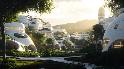 Poster - An advanced real estate complex with buildings that curve organically into the landscape, reflecting a balance between technology and nature. No text, no logo, wide angle shot, Cinematic Scene, 4k