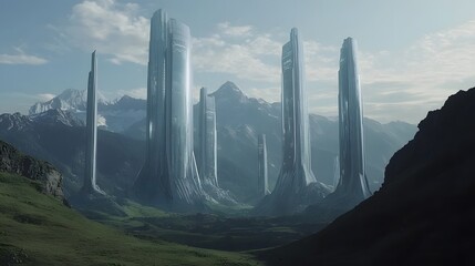 Poster - A sci-fi city featuring futuristic towers, each reflecting the surrounding mountain range and open landscape. No text, no logo, wide angle shot, Cinematic Scene, 4k resolution, cinematic scene