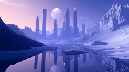 Poster - A sci-fi city featuring futuristic towers, each reflecting the surrounding mountain range and open landscape. No text, no logo, wide angle shot, Cinematic Scene, 4k resolution, cinematic scene