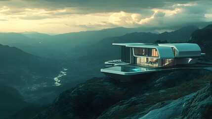 Wall Mural - A futuristic villa on a hilltop with expansive windows, overlooking a sprawling valley with a touch of sci-fi innovation. No text, no logo, wide angle shot, Cinematic Scene, 4k resolution, cinematic