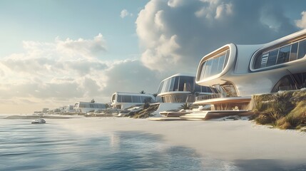 Poster - A coastal community with smart housing units designed symmetrically along the beach, integrating futuristic and eco-friendly architecture. No text, no logo, wide angle shot, Cinematic Scene, 4k