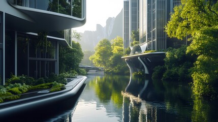 Poster - A sci-fi-inspired eco-friendly building along a river, with glass facades reflecting the water and surrounding greenery. No text, no logo, wide angle shot, Cinematic Scene, 4k resolution, cinematic