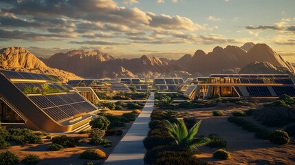 Poster - A high-tech, sustainable real estate complex in the desert, surrounded by solar panels and eco-friendly design. No text, no logo, wide angle shot, Cinematic Scene, 4k resolution, cinematic scene