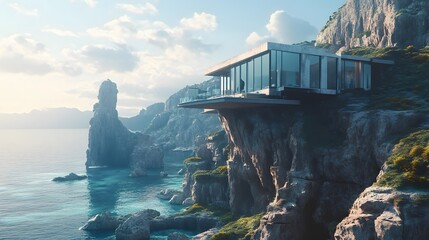 Poster - A coastal cliffside home with large glass windows and an elevated structure that blends seamlessly with the landscape. No text, no logo, wide angle shot, Cinematic Scene, 4k resolution, cinematic