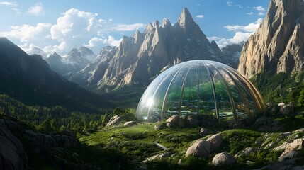 Wall Mural - A glass-domed city in a valley, surrounded by high mountain ranges, representing the fusion of technology and natural landscapes. No text, no logo, wide angle shot, Cinematic Scene, 4k resolution,