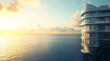 Aufkleber - A high-tech residential tower situated on a coastal bluff, offering expansive ocean views and sleek, modern design. No text, no logo, wide angle shot, Cinematic Scene, 4k resolution, cinematic scene