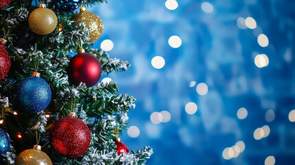 Poster - A beautifully adorned Christmas tree displays vibrant ornaments and sparkling lights, creating a warm holiday atmosphere with a blue backdrop