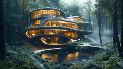 Poster - A smart home in the forest with sustainable architecture and technology-driven features, surrounded by symmetry in nature. No text, no logo, wide angle shot, Cinematic Scene, 4k resolution, cinematic