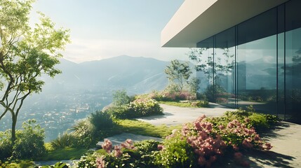 Wall Mural - A luxurious real estate property with expansive glass walls, overlooking a scenic valley and a high-tech rooftop garden. No text, no logo, wide angle shot, Cinematic Scene, 4k resolution, cinematic