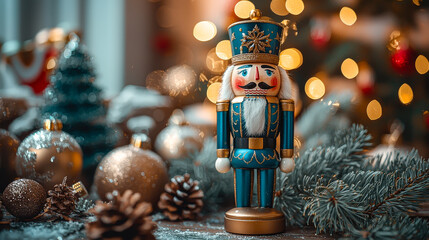 Poster - The nutcracker figure stands proudly among gold and silver ornaments, pinecones, and greenery, capturing the spirit of the holiday season