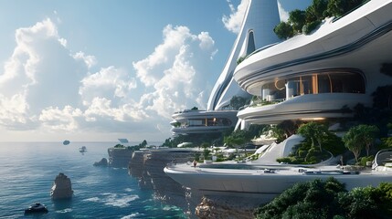 Poster - A coastal residential complex with a sci-fi aesthetic, featuring expansive views of the ocean and natural surroundings. No text, no logo, wide angle shot, Cinematic Scene, 4k resolution, cinematic