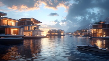 Poster - A high-tech coastal community with floating homes and sustainable infrastructure, blending modernity with nature. No text, no logo, wide angle shot, Cinematic Scene, 4k resolution, cinematic scene