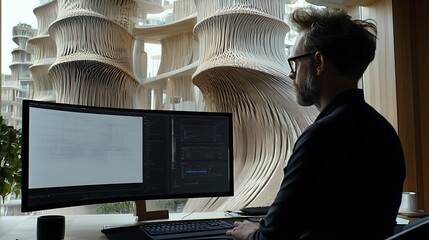 Poster - A person working at a computer in a modern workspace with unique architectural features.