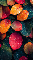 Poster - Vibrant leaves in shades of red, orange, and green covered with dew, creating a stunning fall display on the ground