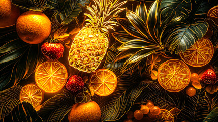 Poster - Tropical fruits like pineapple, oranges, and strawberries are beautifully arranged with vibrant green leaves, creating a colorful display
