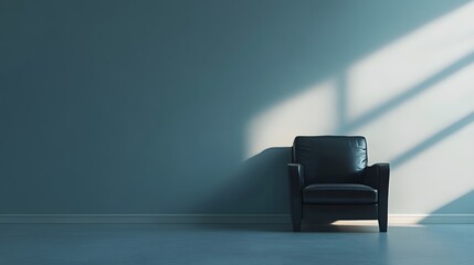 Poster - A room with a black armchair against a light gray wall, embodying a minimalist contrast style with sleek, clean lines. Wide angle shot, Cinematic Scene, 4k resolution, cinematic scene