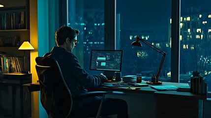 Poster - A person working late at a desk with a computer, surrounded by a cozy, illuminated room.