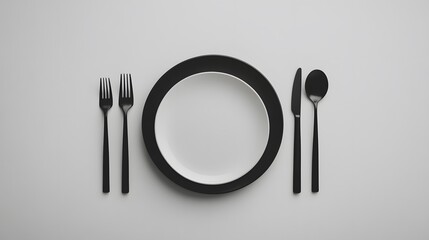 Poster - A minimalist dining setup with black cutlery on a white tablecloth, creating a refined, high-contrast aesthetic. Wide angle shot, Cinematic Scene, 4k resolution, cinematic scene