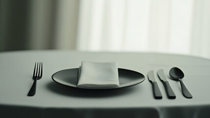 Poster - A minimalist dining setup with black cutlery on a white tablecloth, creating a refined, high-contrast aesthetic. Wide angle shot, Cinematic Scene, 4k resolution, cinematic scene