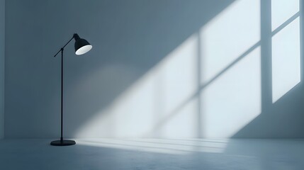 Poster - A minimalist setup with a black floor lamp casting a shadow on a white wall, highlighting contrast and balance. Wide angle shot, Cinematic Scene, 4k resolution, cinematic scene